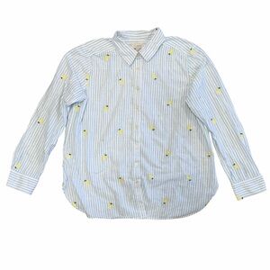 LOFT Lemon Embroidered Blue And White Striped Cotton Button Down Size Large